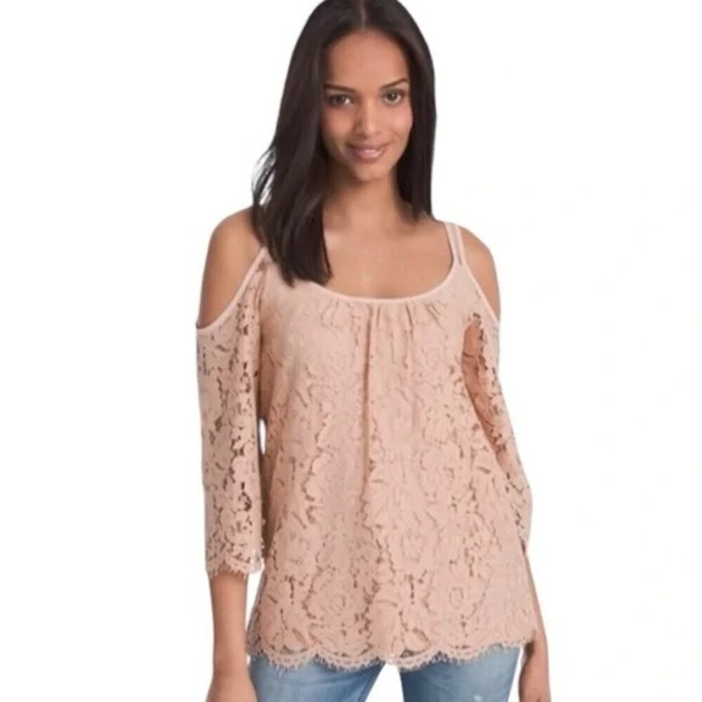 2/$30 White House Black Market Cold Shoulder Lace Blouse Dusty Rose XS #8970